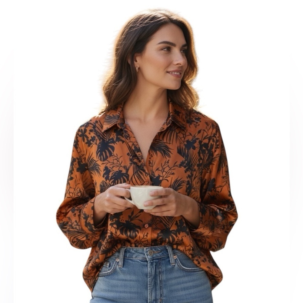 Future Collective 2X Tropical Print Button Front Blouse Brown Black